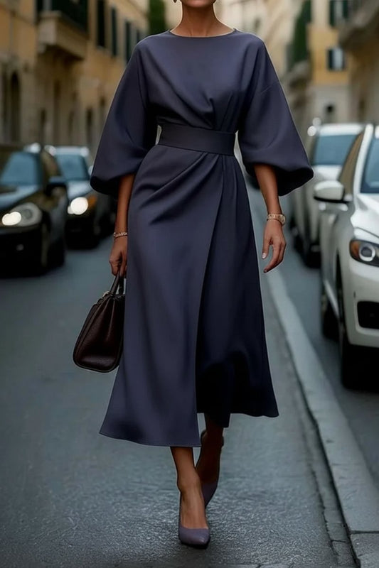 Hannah | Damen Elegantes Cocktailkleid mit Laternenärmeln Taillengürtel Midi