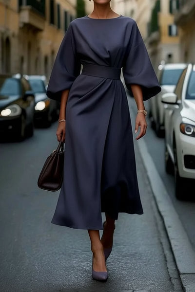 Hannah | Damen Elegantes Cocktailkleid mit Laternenärmeln Taillengürtel Midi