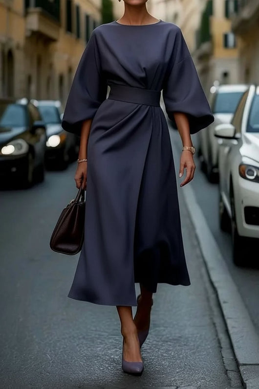 Hannah | Damen Elegantes Cocktailkleid mit Laternenärmeln Taillengürtel Midi