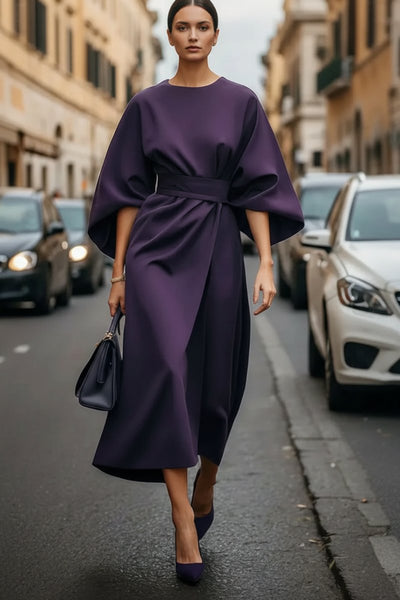 Hannah | Damen Elegantes Cocktailkleid mit Laternenärmeln Taillengürtel Midi