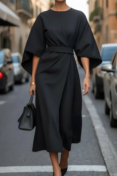 Hannah | Damen Elegantes Cocktailkleid mit Laternenärmeln Taillengürtel Midi