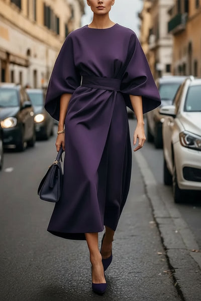 Hannah | Damen Elegantes Cocktailkleid mit Laternenärmeln Taillengürtel Midi