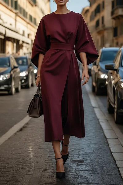 Hannah | Damen Elegantes Cocktailkleid mit Laternenärmeln Taillengürtel Midi