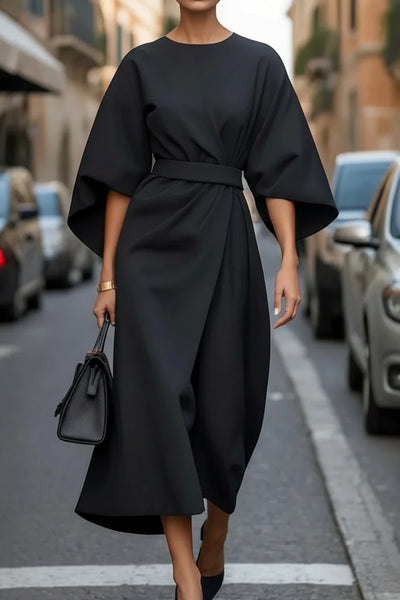 Hannah | Damen Elegantes Cocktailkleid mit Laternenärmeln Taillengürtel Midi