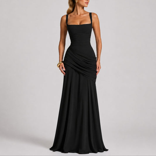Johanna | Damen Elegantes Gerafftes Maxi Hochzeitskleid Abendkleid Quadratausschnitt