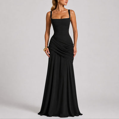 Johanna | Damen Elegantes Gerafftes Maxi Hochzeitskleid Abendkleid Quadratausschnitt