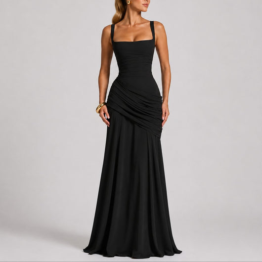 Johanna | Damen Elegantes Gerafftes Maxi Hochzeitskleid Abendkleid Quadratausschnitt