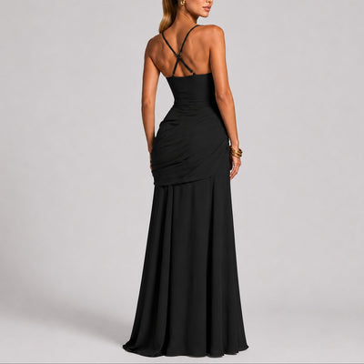 Johanna | Damen Elegantes Gerafftes Maxi Hochzeitskleid Abendkleid Quadratausschnitt
