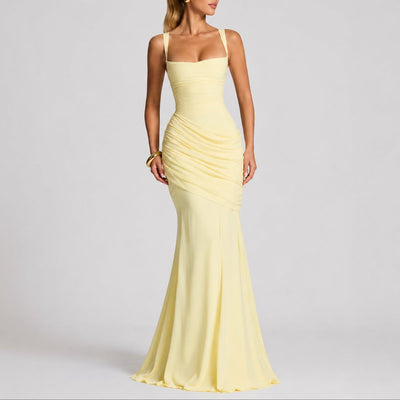 Johanna | Damen Elegantes Gerafftes Maxi Hochzeitskleid Abendkleid Quadratausschnitt