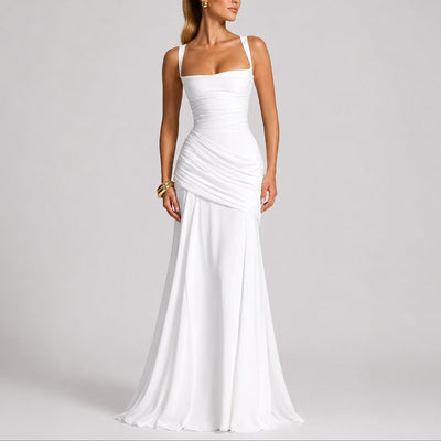 Johanna | Damen Elegantes Gerafftes Maxi Hochzeitskleid Abendkleid Quadratausschnitt