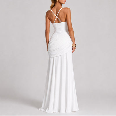 Johanna | Damen Elegantes Gerafftes Maxi Hochzeitskleid Abendkleid Quadratausschnitt