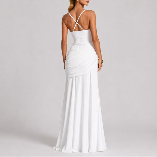 Johanna | Damen Elegantes Gerafftes Maxi Hochzeitskleid Abendkleid Quadratausschnitt