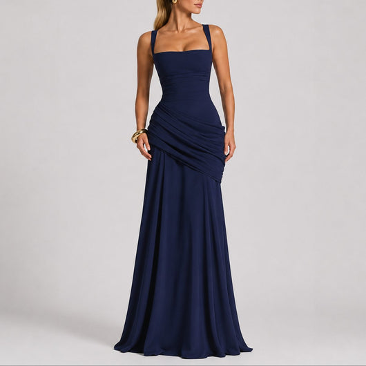 Johanna | Damen Elegantes Gerafftes Maxi Hochzeitskleid Abendkleid Quadratausschnitt