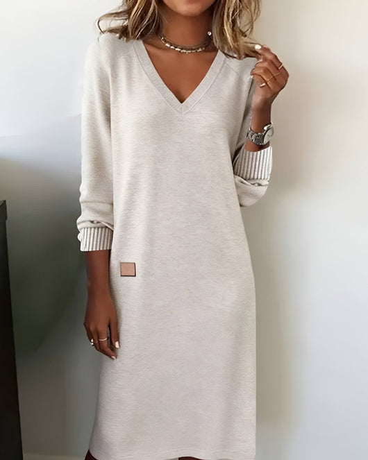 Mia | Damen Elegantes Langarm Midi-Kleid V-Ausschnitt Festliche Kleider