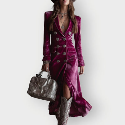 Leonie | Damen Elegantes Samt Maxi Abendkleid Zweireiher Formal Dresses