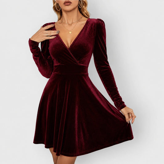 Mia | Damen Elegantes Samtkleid mit V-Ausschnitt Festliches Skater-Abendkleid
