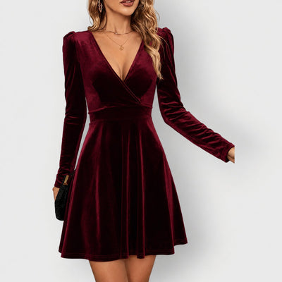 Mia | Damen Elegantes Samtkleid mit V-Ausschnitt Festliches Skater-Abendkleid