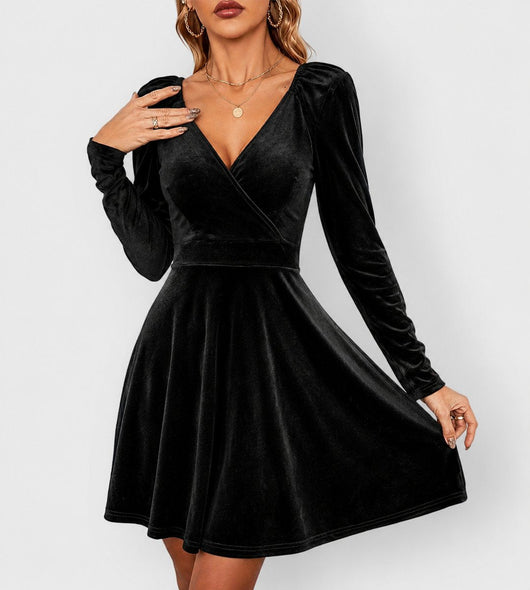 Mia | Damen Elegantes Samtkleid mit V-Ausschnitt Festliches Skater-Abendkleid