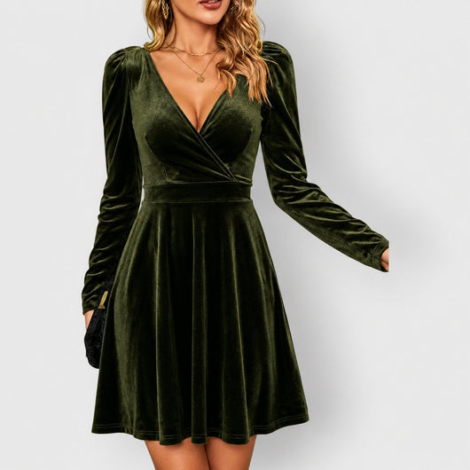 Mia | Damen Elegantes Samtkleid mit V-Ausschnitt Festliches Skater-Abendkleid