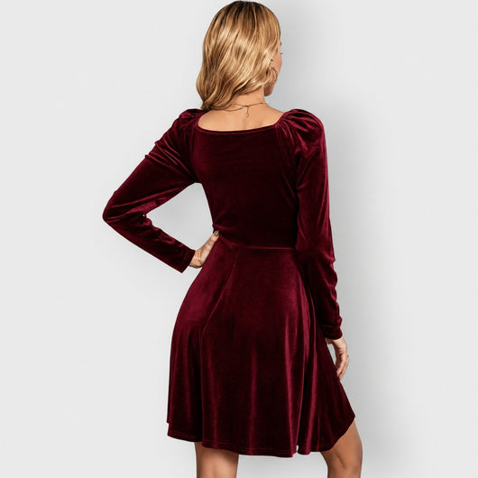 Mia | Damen Elegantes Samtkleid mit V-Ausschnitt Festliches Skater-Abendkleid