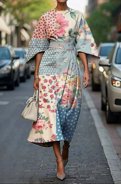 Nora | Damen Elegantes Seiden Kimono-Ärmel Tailliertes Midi-Kleid