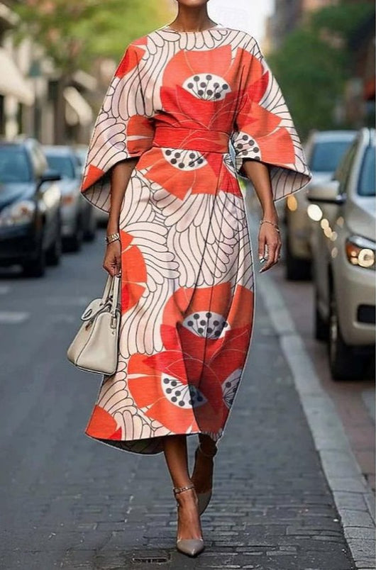 Nora | Damen Elegantes Seiden Kimono-Ärmel Tailliertes Midi-Kleid