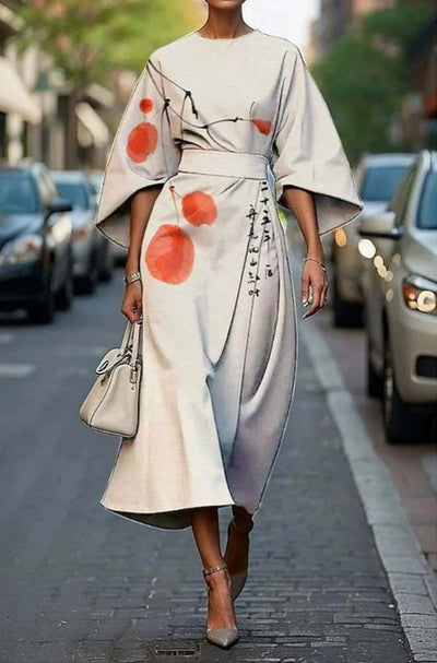 Nora | Damen Elegantes Seiden Kimono-Ärmel Tailliertes Midi-Kleid