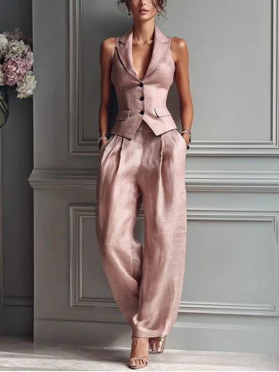 Frieda | Damen Elegantes Wide-Leg-Hosen Leinenoptik Zweiteiler mit Weste