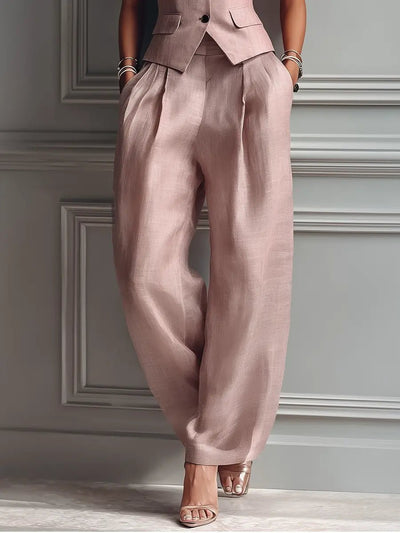 Frieda | Damen Elegantes Wide-Leg-Hosen Leinenoptik Zweiteiler mit Weste