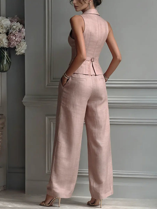Frieda | Damen Elegantes Wide-Leg-Hosen Leinenoptik Zweiteiler mit Weste