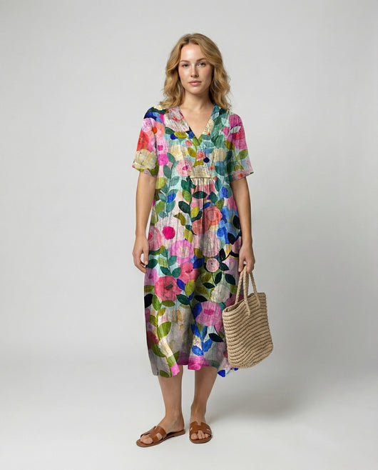 Hannah | Damen Entspanntes Leinen-Midi-Kleid V-Ausschnitt Kurzarm