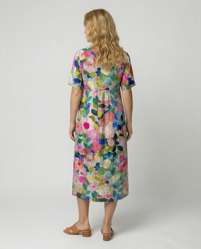 Hannah | Damen Entspanntes Leinen-Midi-Kleid V-Ausschnitt Kurzarm