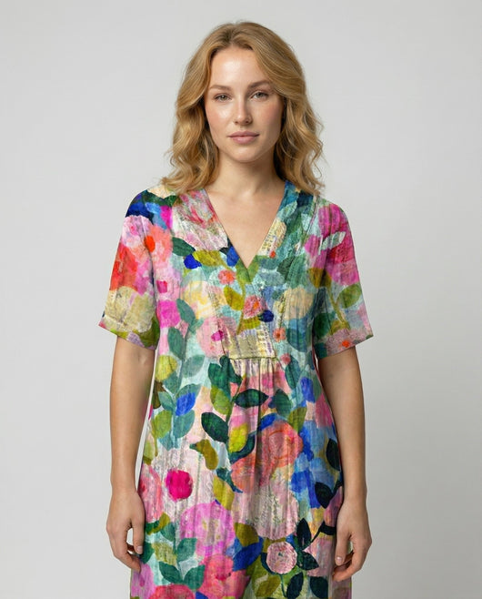 Hannah | Damen Entspanntes Leinen-Midi-Kleid V-Ausschnitt Kurzarm