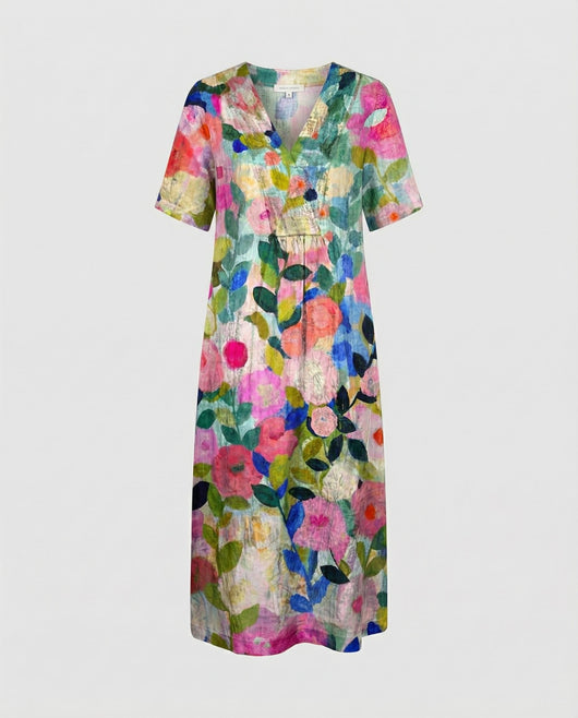 Hannah | Damen Entspanntes Leinen-Midi-Kleid V-Ausschnitt Kurzarm