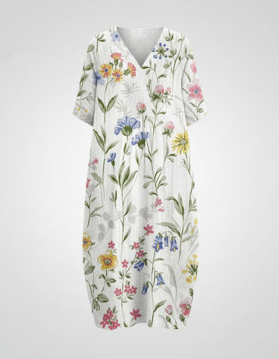 Hannah | Damen Entspanntes Leinen-Midi-Kleid V-Ausschnitt Kurzarm