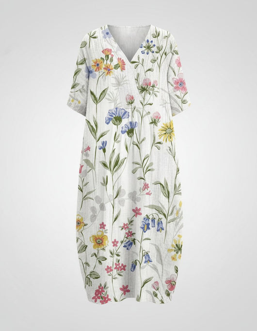 Hannah | Damen Entspanntes Leinen-Midi-Kleid V-Ausschnitt Kurzarm