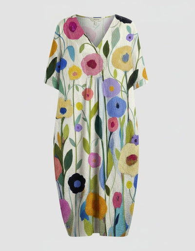 Hannah | Damen Entspanntes Leinen-Midi-Kleid V-Ausschnitt Kurzarm