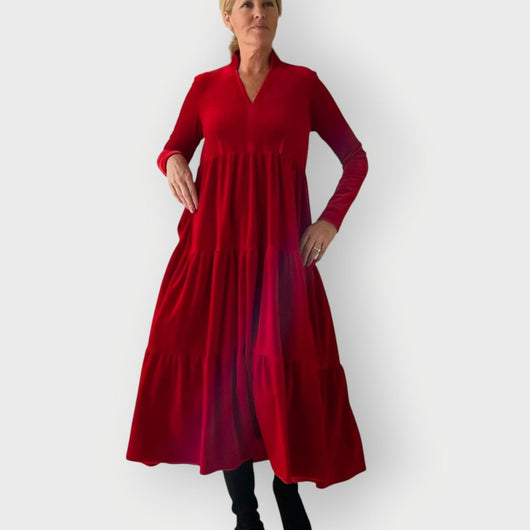 Emilia | Damen Festliche Kleider Samtkleid Langarm Gestufte Maxi