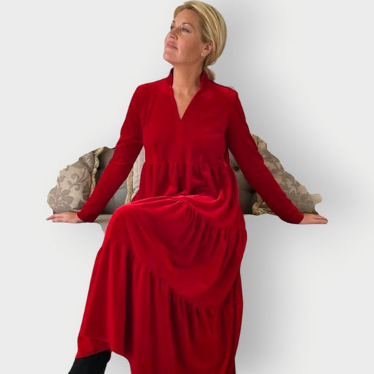 Emilia | Damen Festliche Kleider Samtkleid Langarm Gestufte Maxi