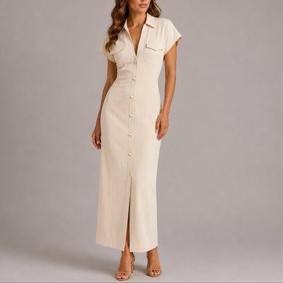 Sophie | Damen Figurbetontes Maxi-Hemdblusenkleid für Herbst-Hochzeitsgäste
