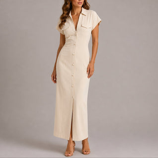Sophie | Damen Figurbetontes Maxi-Hemdblusenkleid für Herbst-Hochzeitsgäste