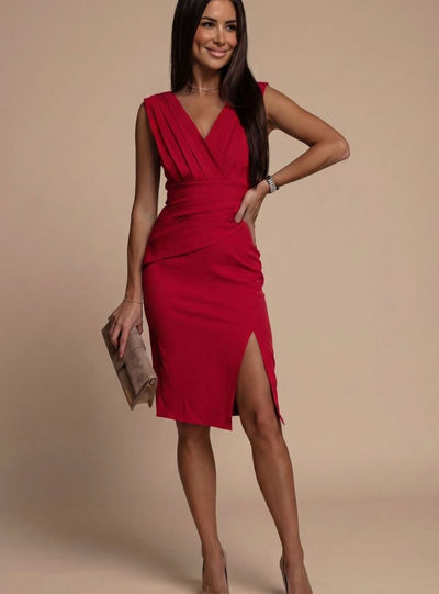 Johanna | Damen Figurbetontes Ärmelloses Cocktailkleid V-Ausschnitt Seitenschlitz