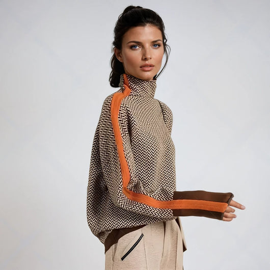 Amelie | Damen Fischgrat-Turtleneck Sweater Rollkragen Oversized Pullover