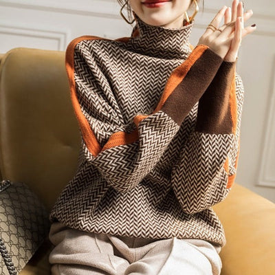Amelie | Damen Fischgrat-Turtleneck Sweater Rollkragen Oversized Pullover