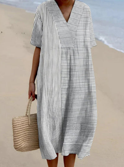 Charlotte | Damen Fischmuster Leinenkleid V-Ausschnitt Kurzarm Sommerkleid