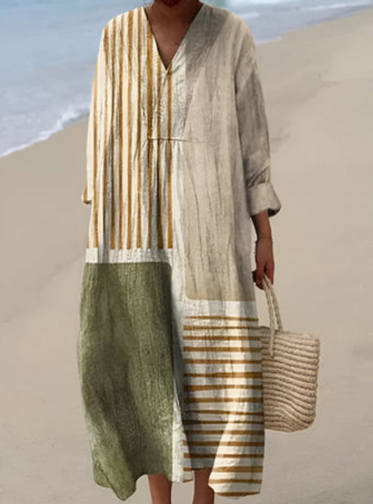 Charlotte | Damen Fischmuster Leinenkleid V-Ausschnitt Kurzarm Sommerkleid