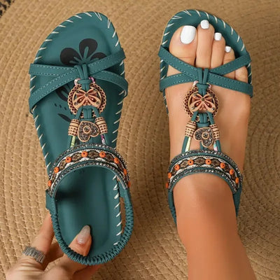 Amelie | Damen Flache Boho-Riemchensandale Orthopädisch Perlenbesatz