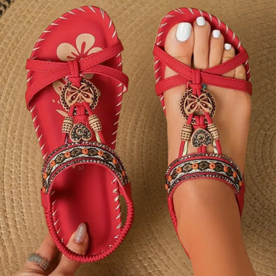 Amelie | Damen Flache Boho-Riemchensandale Orthopädisch Perlenbesatz