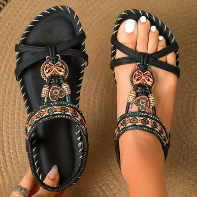 Amelie | Damen Flache Boho-Riemchensandale Orthopädisch Perlenbesatz