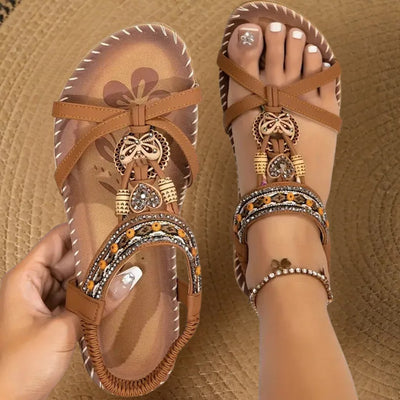 Amelie | Damen Flache Boho-Riemchensandale Orthopädisch Perlenbesatz